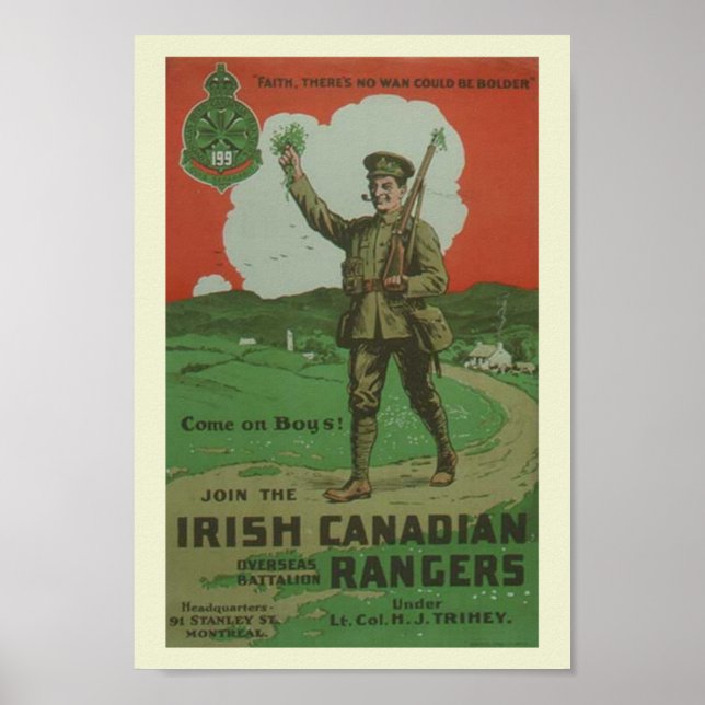 Póster Rangers irlandés del WW1 en Canadá (Frente)