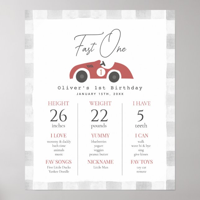 Póster Rápido Uno Coche de Carreras Rojo Hito de Cumpleañ (Frente)