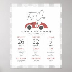 Póster Rápido Uno Coche de Carreras Rojo Hito de Cumpleañ