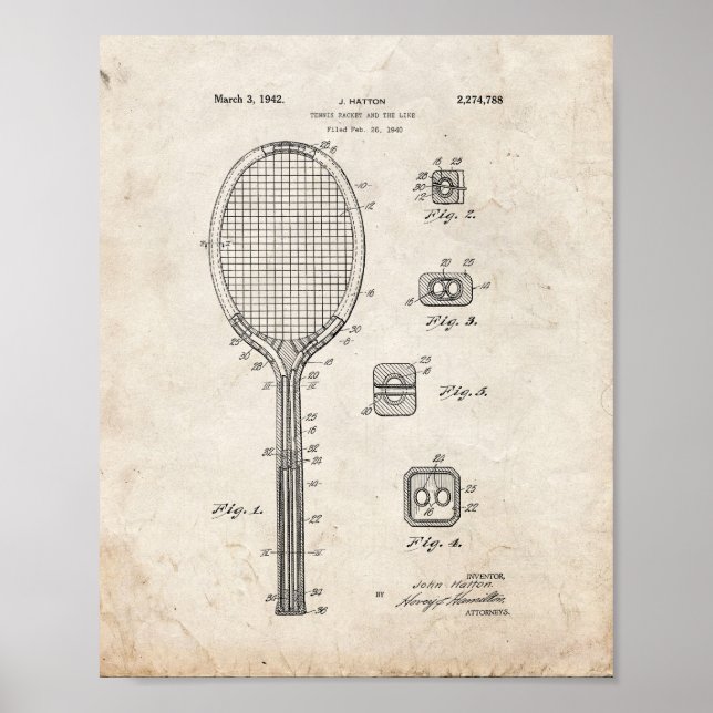 Póster Raqueta De Tenis Y Patente Similar - Viejo Aspecto (Frente)