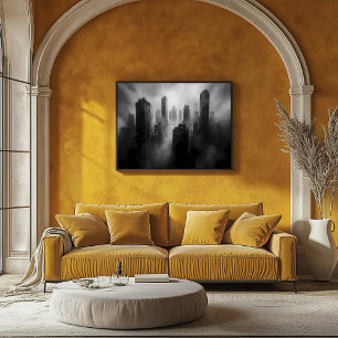 Póster Rascacielos majestuosos envueltos en niebla dramát