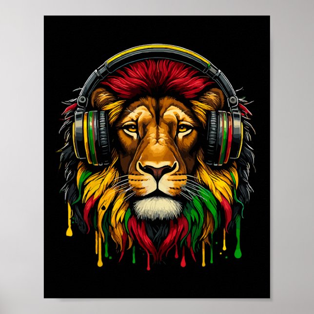 Póster Rasta Raggae Jamaica Auriculares Musicales León De (Frente)