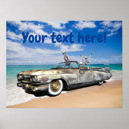 Póster Rat Rod Car Skeleton Joyride en la playa Funny