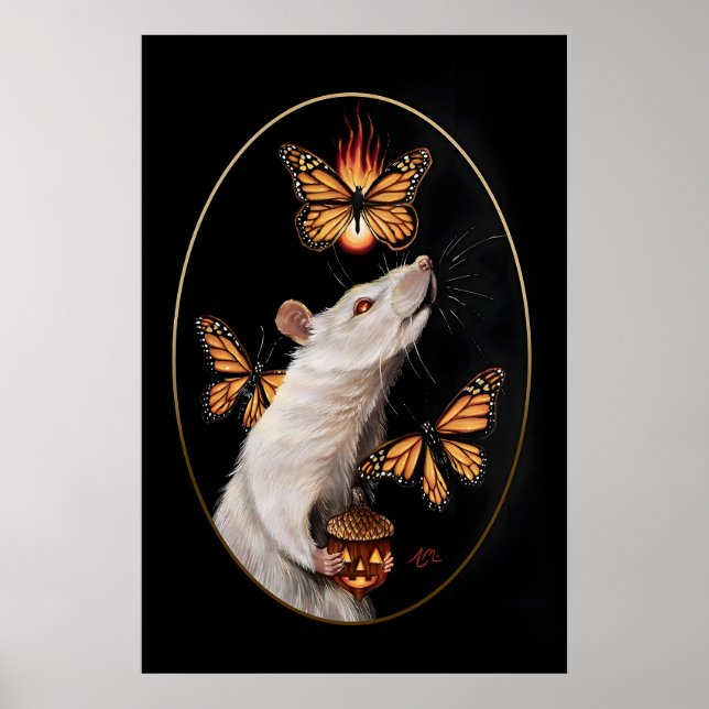 Póster Rata blanca con mariposas monarca hogar gótico (Frente)