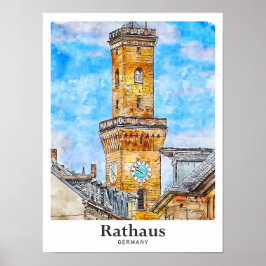 Póster Rathaus Alemania Trae mano acuarela