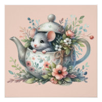 Ratón Adorable en Ilustración de Tetera Floral