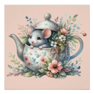 Póster Ratón Adorable en Ilustración de Tetera Floral