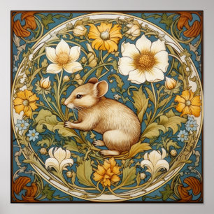 Póster Ratón Art Nouveau y flores