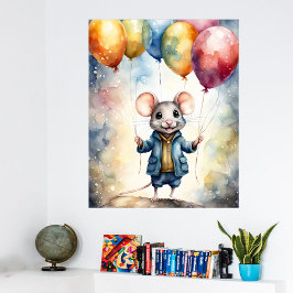Póster Ratón lindo con globos coloridos,