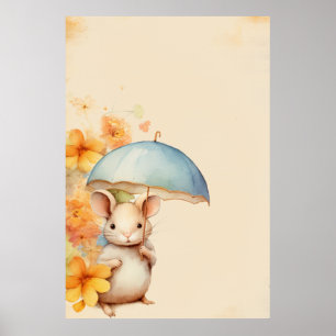 Póster Ratón naranja de paraguas flores papel marrón vint