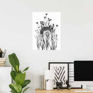 Póster Ratón Pequeño Lindo Acuarela Colgando de Flores
