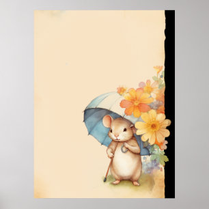 Póster Ratón sombrilla linda naranja flores papel viejo