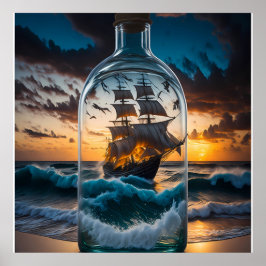 Póster Raue See mit Schiff in einer Flasche