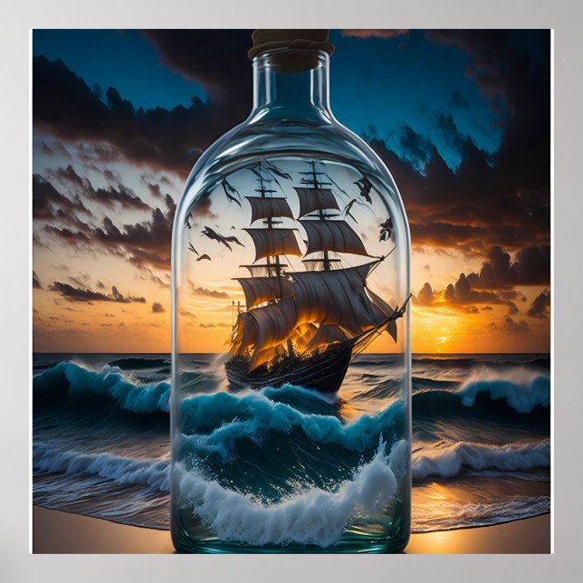 Póster Raue See mit Schiff in einer Flasche (Frente)