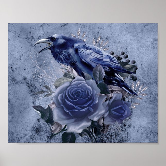 Póster Raven Bird Blue Rose Whimsical Decoupage Print (Frente)