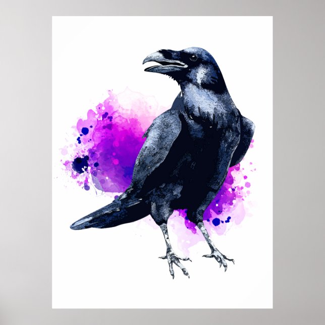 Póster Raven con fondo de color de agua púrpura (Frente)