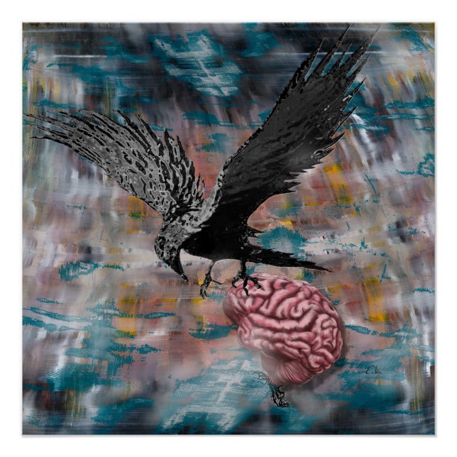 Póster Raven Crow Black Bird Brain Resumen de arte surrea (Anverso)