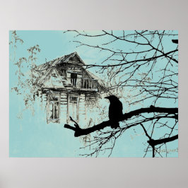 Póster Raven en el árbol, casa en ruinas