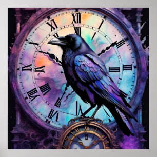 Póster Raven en la acuarela del reloj