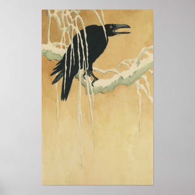 Póster Raven en una rama de árbol ilustracion oro negro (Frente)