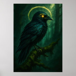 Póster Raven místico con fantasía de Halo dorado