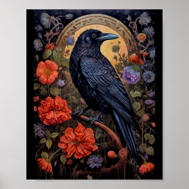 Póster Raven negro con flores de diseño gótico (Frente)