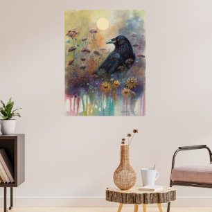 Póster Raven pintado a mano con flores silvestres