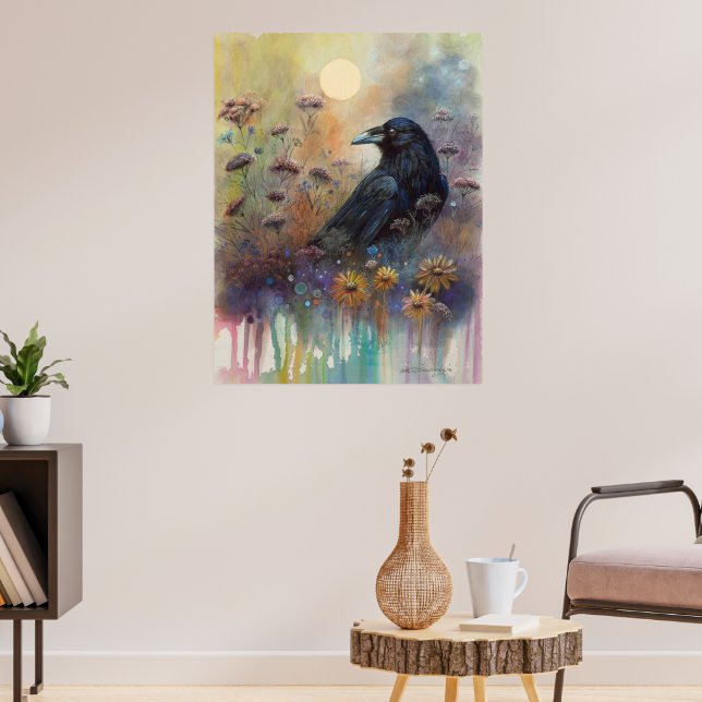 Póster Raven pintado a mano con flores silvestres (Salón 3)