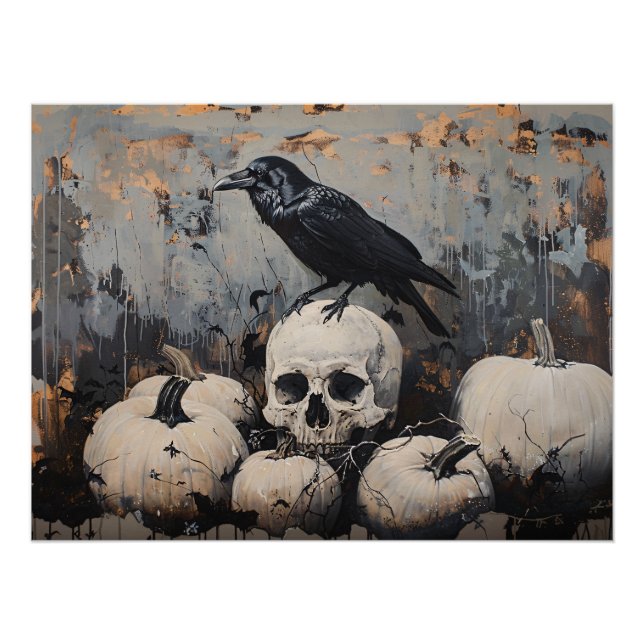 Póster Raven Skull y pintura de calabazas blancas (Anverso)