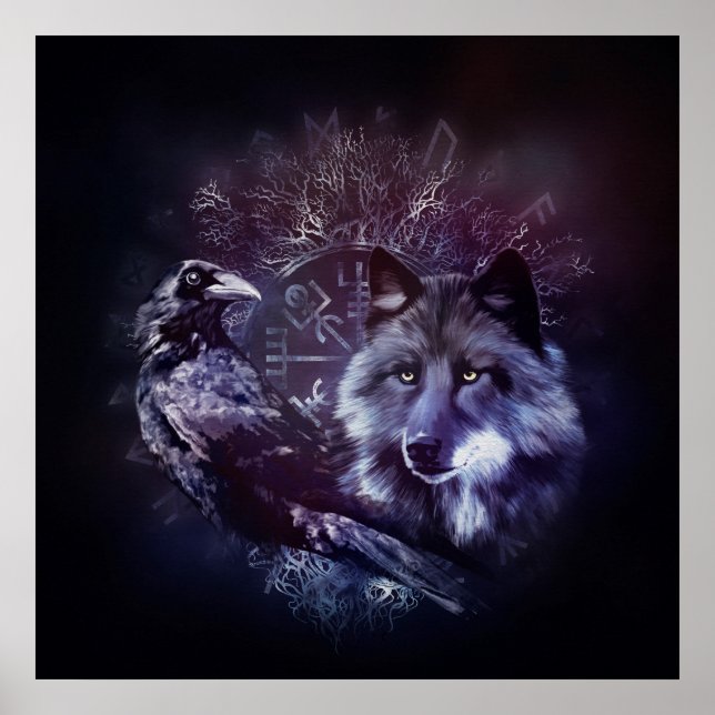 Póster Raven y Wolf - Vegvisir y árbol de la vida (Frente)