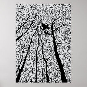 Póster Ravens de silueta en los árboles de invierno