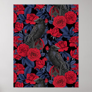 Póster Ravens y rosas con hojas azul oscuro