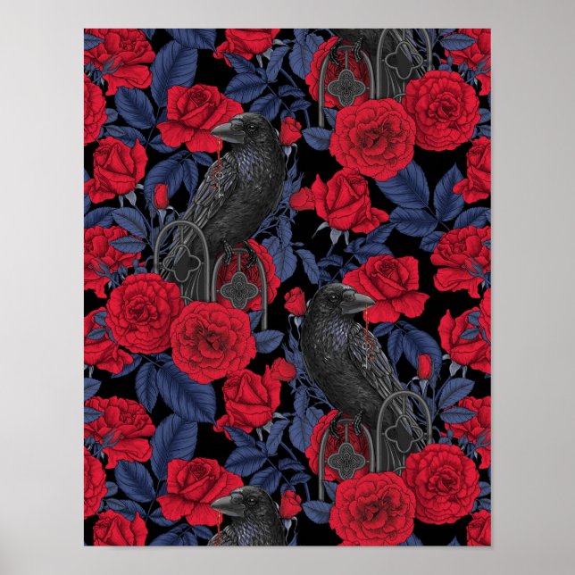 Póster Ravens y rosas con hojas azul oscuro (Frente)