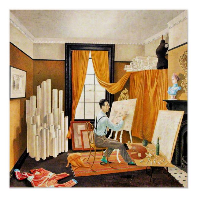 Póster Ravilious - Edward Bawden trabajando en su estudio (Anverso)