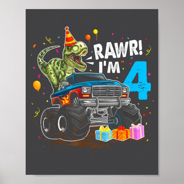 Póster Rawr I'm 4 4th Birthday T Rex Dinosaur Funny Party (Frente)
