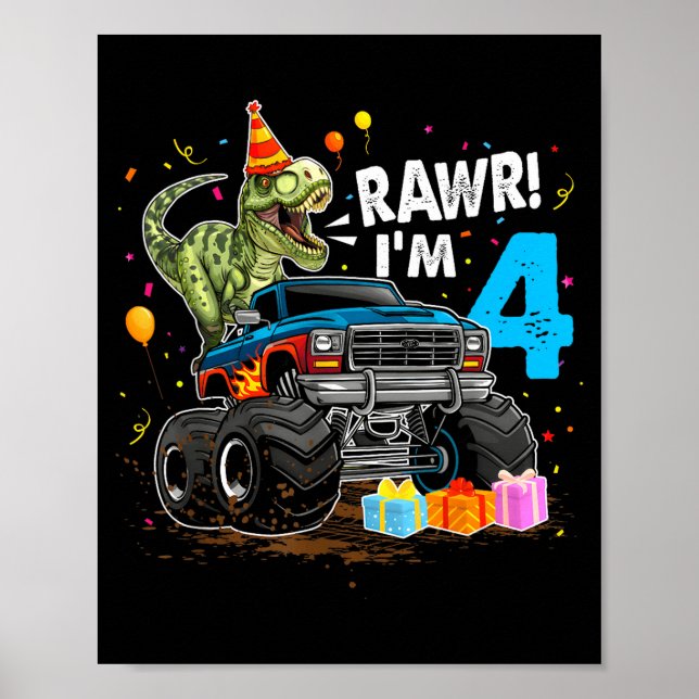 Póster Rawr I'm 4 4th Birthday T Rex Dinosaur Funny Party (Frente)