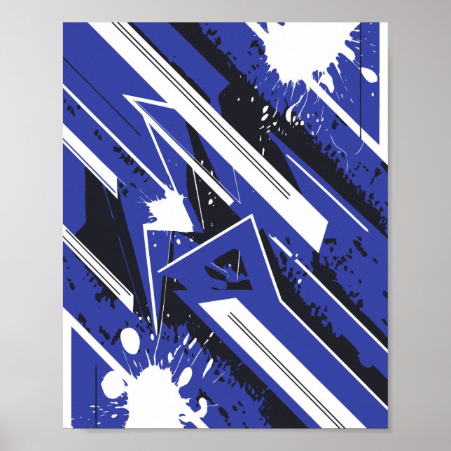 Póster Rayas diagonales azules y blancas con salpicaduras (Frente)