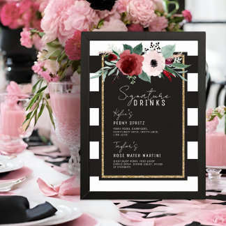 Póster Rayas florales magenta Boda de bebidas con firma