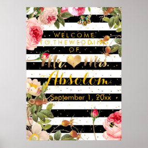 Póster Rayas modernas/Rosas vintage/Brillos dorados/Recep