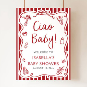 Póster Rayas Rojas Italiano Ciao Bebé Fiesta de Bienvenid