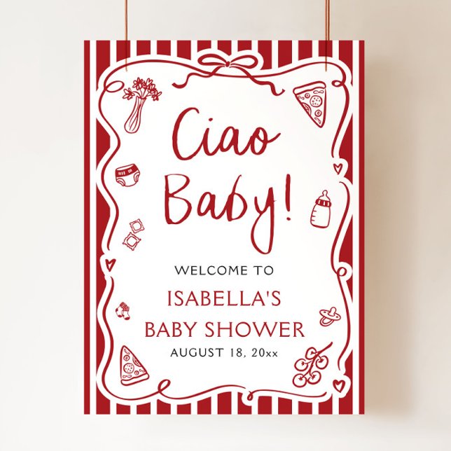 Póster Rayas Rojas Italiano Ciao Bebé Fiesta de Bienvenid (Red Stripes Hand Drawn Italian Ciao Baby Baby Shower Welcome Sign )