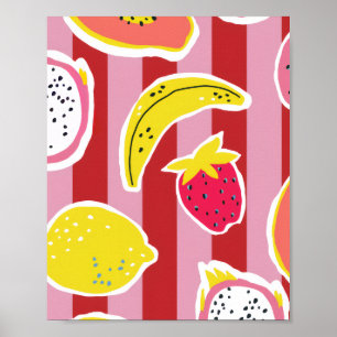 Póster rayas rojas y rosadas con frutas tropicales