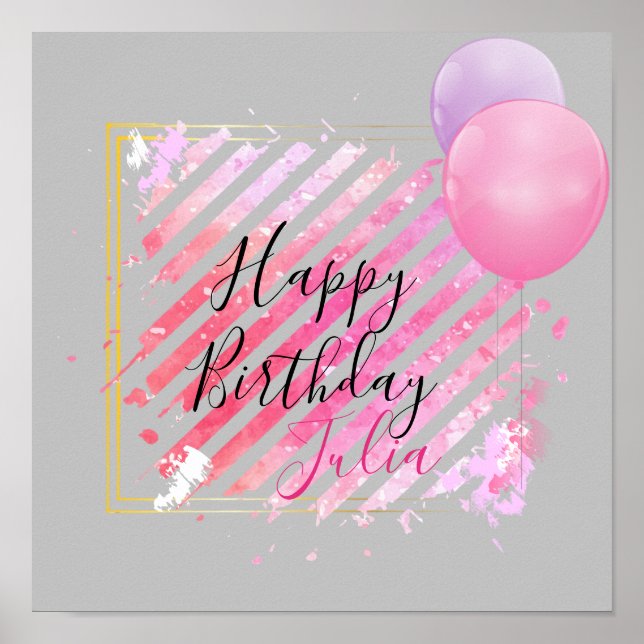Póster Rayas rosadas Pinceladas y globos (Frente)