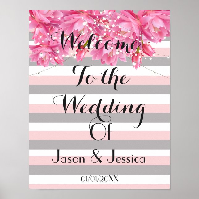 Póster Rayas rosadas y grises de verano boda de encaje fl (Frente)