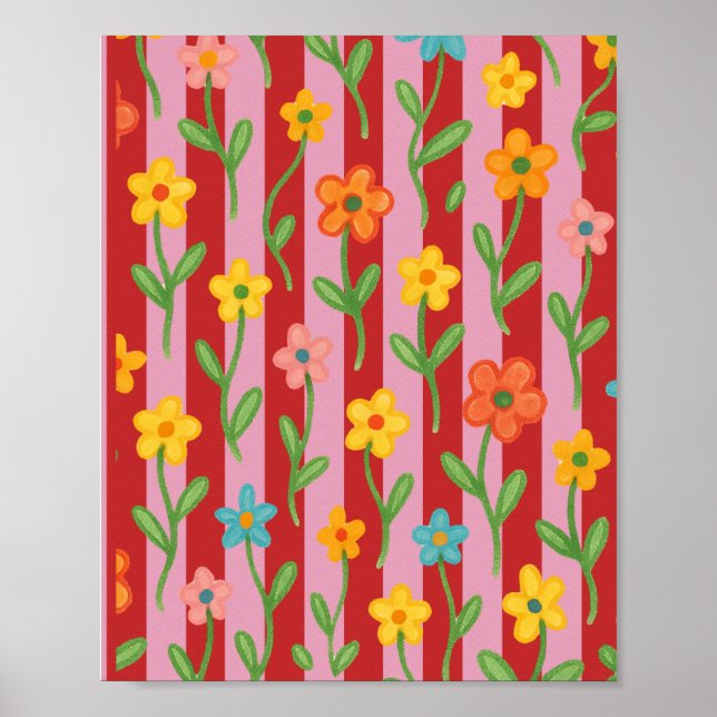 Póster Rayas rosadas y rojas con flores coloridas (Frente)