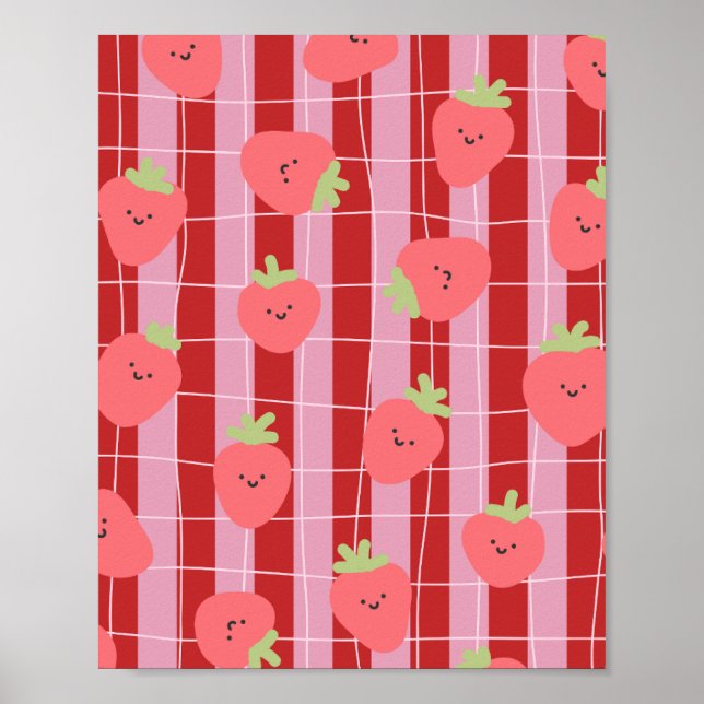 Póster Rayas rosadas y rojas, con fresas (Frente)