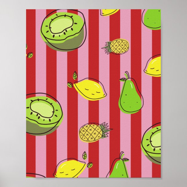 Póster Rayas rosadas y rojas con patrón de frutas (Frente)