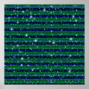 Póster Rayas verdes azules con estrellas y gotas de lluvi