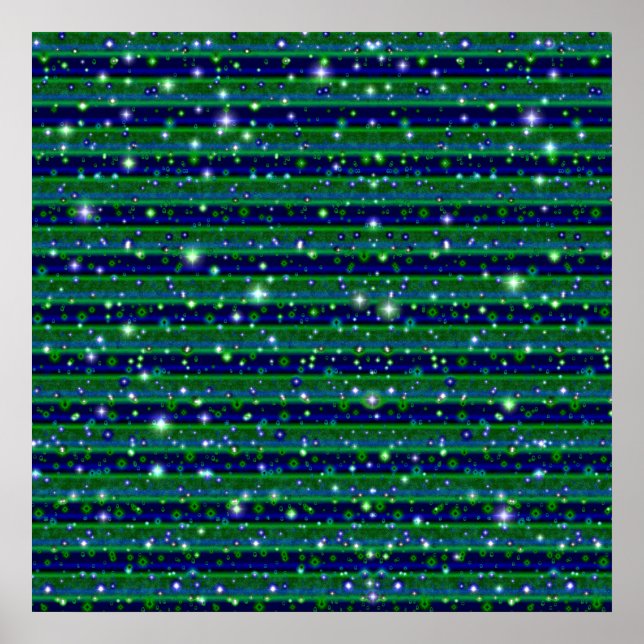 Póster Rayas verdes azules con estrellas y gotas de lluvi (Frente)