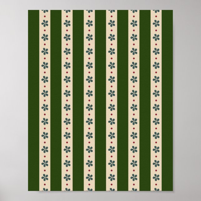 Póster Rayas Y Flores Verdes Y De Crema (Frente)